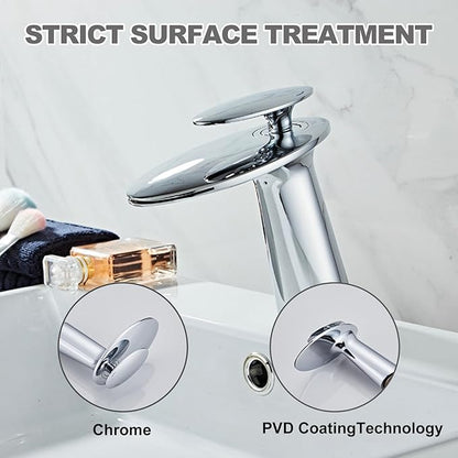 Wovier Chrome Waterfall Bathroom Sink Faucet,Single Handle Single Hole Brass Lavatory Vanity Faucet,Slanted Body Basin Mixer Tap with Supply Hose and Pop Up Drain Assembly