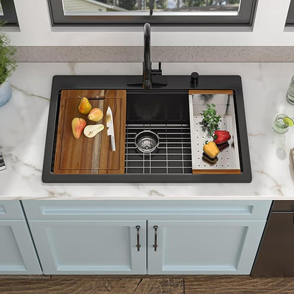 33"x22" Granite Composite Kitchen Sink - Matte Black Ledge Workstation Drop-In Top Mount Quartz Classic Above Counter Single Bowl Basin