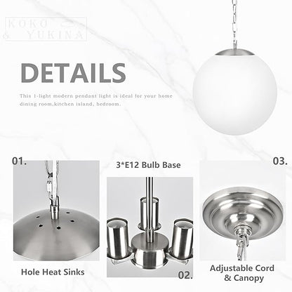 KoKo&Yukina 13.7 Inch Nickel Globe Pendant Light Adjustable Globe Pendant Lights Kitchen Island Mid Century Light Fixture with Milky White Glass Shade for Living Room