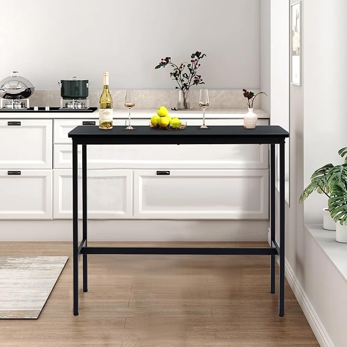 44.5" Bar Table, Pub Table with Adjustable Feet Floor Protector, Narrow Rectangular Kitchen Counter Dining Tables, Sofa High Top MDF Tables with Sturdy Metal Legs, Black