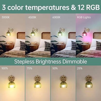Shenmoyl Vintage Battery Operated Wall Sconce, 5000mAh Rechargeable Wall Light, Indoor Battery Powered Wall Lamp for Bedside Bedroom Living Room, Tulip Green