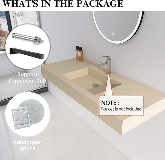 47"X19" Bathroom Sink with Single Faucet Hole, Stone Resin Wall-Mount or Countertop Vessel Sink, Rectangle Solid Surface Floating Sink with Mounting Screws, Latte Color