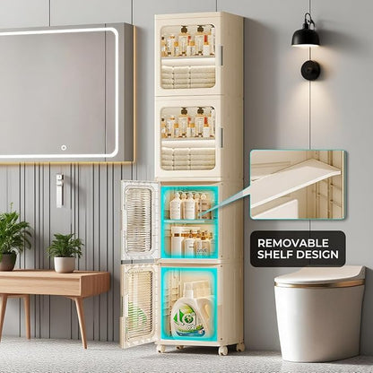 4-Tier Tall Narrow Bathroom Storage Cabinet with Magnetic Doors, Adjustable Shelves, Plastic Slim Bathroom Organizers and Storage Small Spaces Pantry Kitchen Laundry Room Quick Assembly