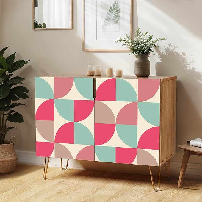 SIGNWIN Sideboard Buffet Cabinet, Kitchen Storage Cabinet with 2 Doors, Pink & Teal Retro Polygon Patternt, Cupboard Console Table for Dining Room - 35" L x 18" W x 29" H