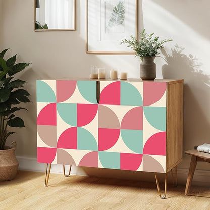 SIGNWIN Sideboard Buffet Cabinet, Kitchen Storage Cabinet with 2 Doors, Pink & Teal Retro Polygon Patternt, Cupboard Console Table for Dining Room - 35" L x 18" W x 29" H