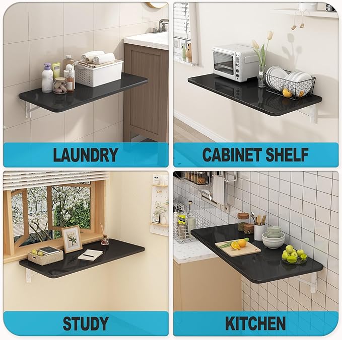 Wall Mounted Folding Table for Laundry Room Piano Baking Paint Waterproof, Wall Mount Table Fold Down Multi Size, Foldable Desk for Kitchens、Handicraft Production、Bars、Sewing Station（Black）