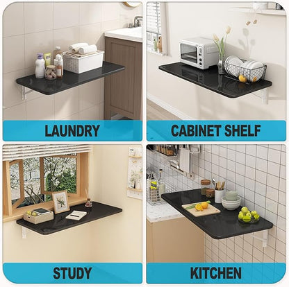 Wall Mounted Folding Table for Laundry Room Piano Baking Paint Waterproof, Wall Mount Table Fold Down Multi Size, Foldable Desk for Kitchens、Handicraft Production、Bars、Sewing Station（Black）