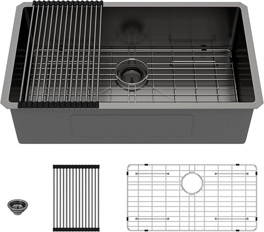 Lordear 32 Black Kitchen Sink Undermount 32x19x10 Inch Gunmetal Black 16 Gauge Stainless Steel Single Under Counter Rectangular Handmade Sinks Basin