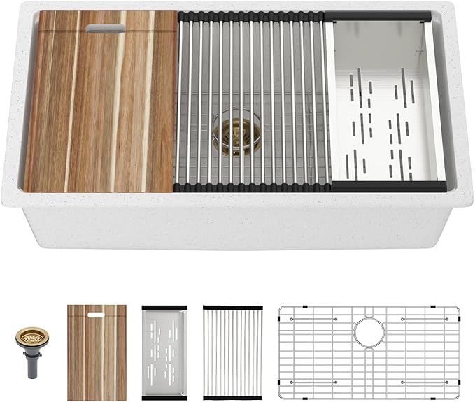 Mocoloo 33 Inch White Granite Composite Kitchen Sink - 33x19 Undermount Ledge Workstation Matte White Quartz Single Bowl Under Counter Kitchen Sinks