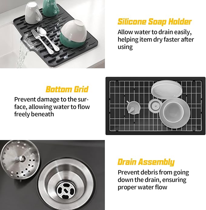 Black 31x18 Inch Undermount Kitchen Sink-Stainless Steel Single Bowl Drop In Kitchen Sink Stylish And Modern Look With Bottom Grid,Silicon Mat And Drain Assembly Add Elegance & Enhance Usability