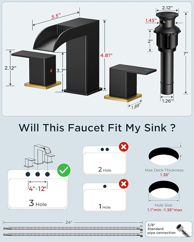 FORIOUS Square Black and Gold Bathroom Faucets 3 Hole, Waterfall 8 Inch Widespread Bathroom Sink Faucet with Metal Pop-up Drain and Supply Lines, Two Handles for Vanity, Laundry Room, Basin