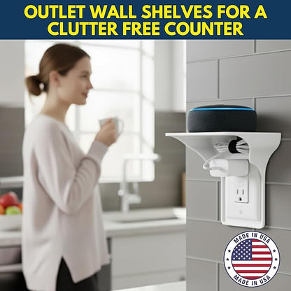 Power Perch Wall Outlet Shelf with Cord Storage Strap - Declutter & Reclaim Bathroom Counter Space - Alexa Stand, Apple Homepod Shelf, Toothbrush Holders Wall Mounted - White, 2-Pack
