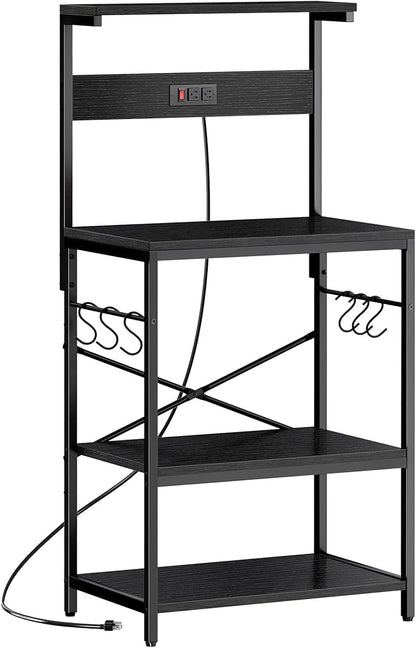 SUPERJARE Kitchen Bakers Rack with Power Outlet, Coffee Bar Table 4 Tiers, Kitchen Microwave Stand with 6 S-Shaped Hooks, Storage Shelf Rack for Spices, Pots and Pans - Black