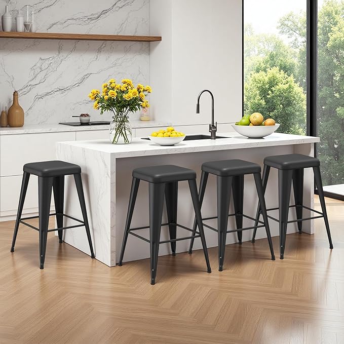 Backless Bar Stools Set of 4, Upholstered Faux Leather Counter Height Stools with Sturdy Metal Legs, 30 Inch Barstools for Kitchen Island (Black)
