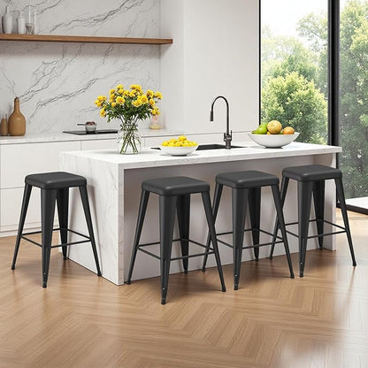 Backless Bar Stools Set of 4, Upholstered Faux Leather Counter Height Stools with Sturdy Metal Legs, 30 Inch Barstools for Kitchen Island (Black)