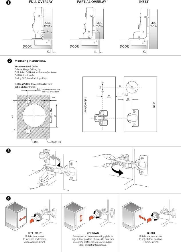 DecoBasics Full Overlay European Soft Close Cabinet Hinges for Kitchen Cabinets (6 Pcs) -105° Frameless Concealed Cabinet Door Hinge -4 Way Adjustability & Clip on Plate for Easy Installation
