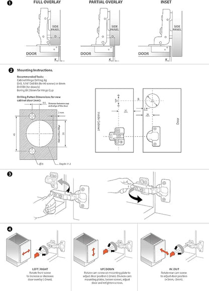 DecoBasics Full Overlay European Soft Close Cabinet Hinges for Kitchen Cabinets (6 Pcs) -105° Frameless Concealed Cabinet Door Hinge -4 Way Adjustability & Clip on Plate for Easy Installation