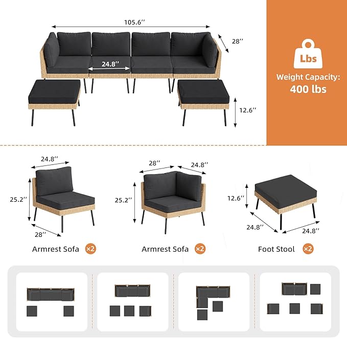 Aoxun 6-Piece Patio Furniture Set, Wicker Outdoor Furniture with Water Resistant Thick Cushions, Patio Conversation Set Outdoor Sectional Sofa with Coffee Table for Backyard Poolside, Black