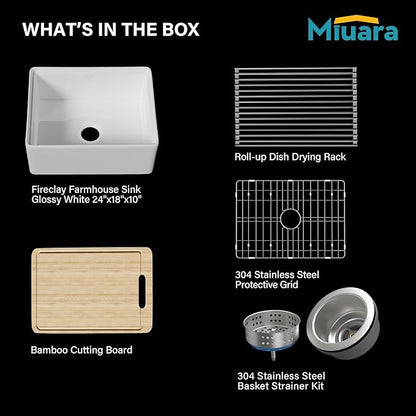 Miuara White Farmhouse Workstation Sink 24 Inch - Small Fireclay Apron Front Kitchen Sink Undermount 24"x18"x10", Farm House Style Heavy Duty Deep Single Bowl for Kitchen & Small Space