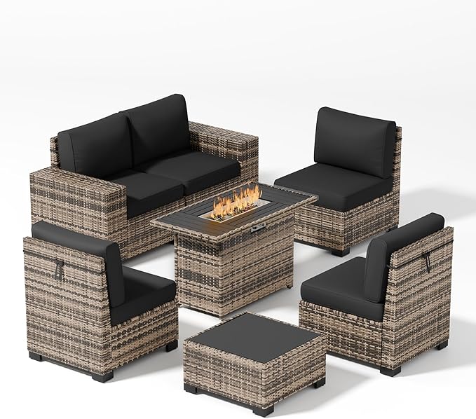 Patio Furniture Set, Wide Armrest Outdoor Furniture Set with 44" Fire Pit Table Thick Cushions, 7 Piece Wicker Rattan Patio Sectional Sofa for Backyard, Poolside, Garden