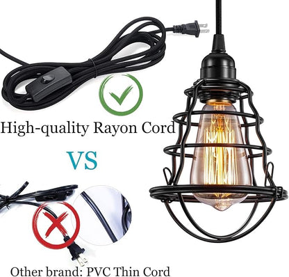 Asnxcju Industrial Plug in Pendant Light, Vintage Hanging Cage Pendant Light with Plug in Cord, Farmhouse E26 E27 Edison Pendant Lighting with On/Off Switch for Living Room Dining Room