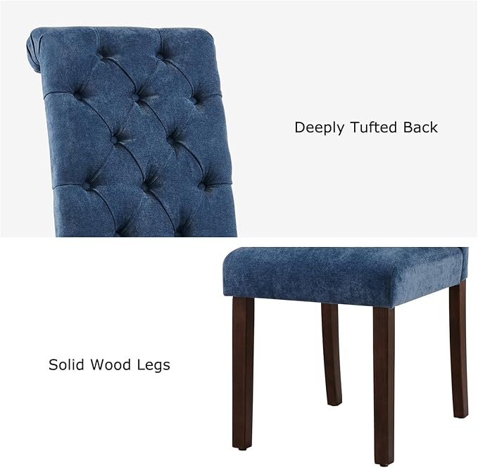 Tufted Dining Chairs Set of 4, Upholstered Parsons Dining Room Chairs, Fabric Kitchen Side Chair with Wood Legs, Blue