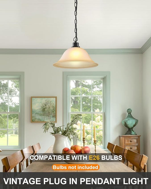 ANYLOVE Vintage Plug in Pendant Light,12" Glass Shade,Black Chain,Adjustable Pendant Light,No Light Source,for Kitchen,Bedroom,Living Room