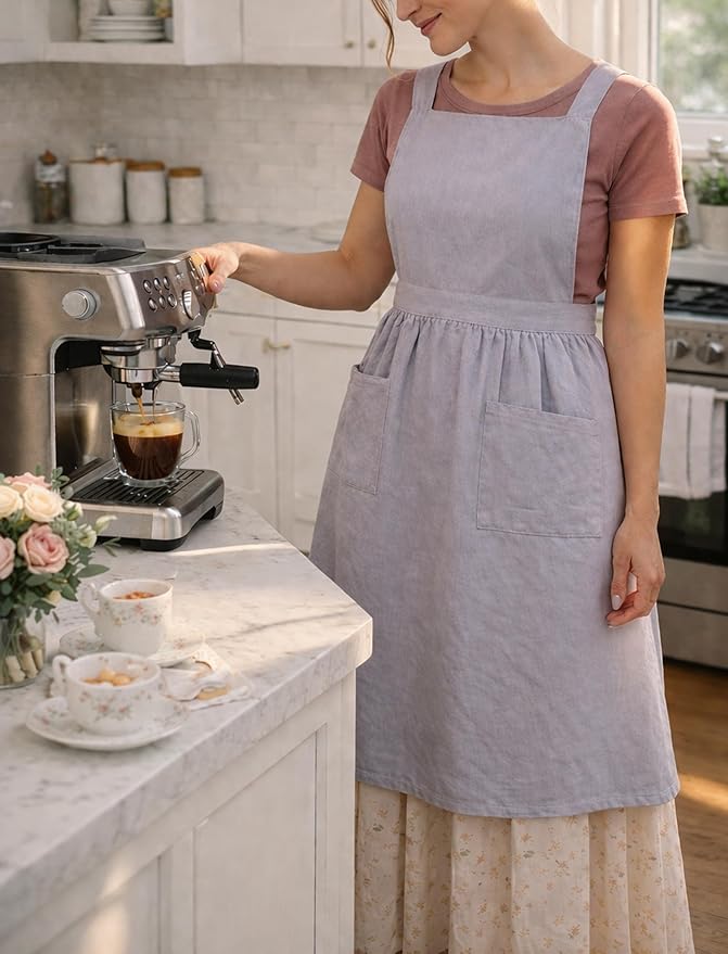 Pinknoke Cotton Linen Pinafore Apron Dress for Women with Pockets Cute Art Chef Aprons for Kitchen Baking Gardening Painting