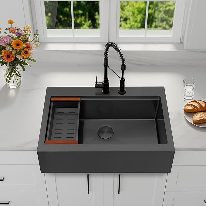 36 Inch Farmhouse Black Sink, 16 Gauge 304 Stainless Steel Farm Sinks, Drop In Topmount Single Bowl Workstation Sink with all Accessories, 36" x 22" x 10" Deep Kitchen Sink