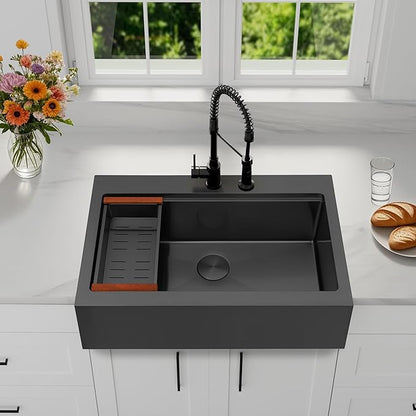 36 Inch Farmhouse Black Sink, 16 Gauge 304 Stainless Steel Farm Sinks, Drop In Topmount Single Bowl Workstation Sink with all Accessories, 36" x 22" x 10" Deep Kitchen Sink