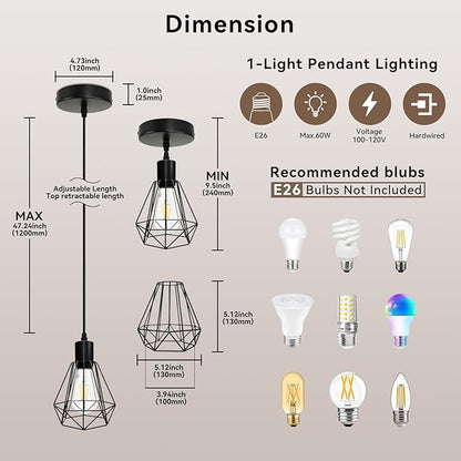 LTBLIGHT 2-Pack Industrial Pendant Light Fixtures, Black Hanging Ceiling Light with Adjustable Height Cord, Modern Pendant Lamps for Kitchen Hallway Bedroom Corridor, E26 Base(Bulbs Not Included)