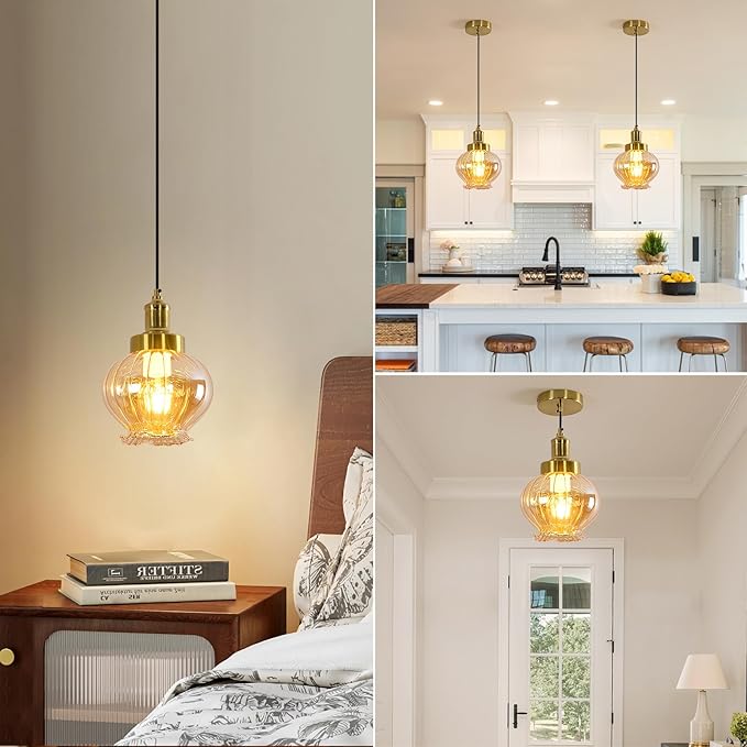 ZHENYANGL 7.8" Modern Amber Glass Pendant Light Vintage Farmhouse Woven Pendant Light Fixture Adjustable Rod Retro Pistil Pendant Lights for Kitchen Island, Dining Room, Bedroom, Hallway, Entryway