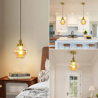 ZHENYANGL 7.8" Modern Amber Glass Pendant Light Vintage Farmhouse Woven Pendant Light Fixture Adjustable Rod Retro Pistil Pendant Lights for Kitchen Island, Dining Room, Bedroom, Hallway, Entryway