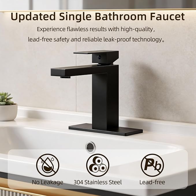 Matte Black Bathroom Faucet Single Hole, 304 Stainless Steel Lead-Free Faucet with Anti-Fingerprint Surface, Single Handle Vanity Faucet with Deck Plate and Pop-Up Drain
