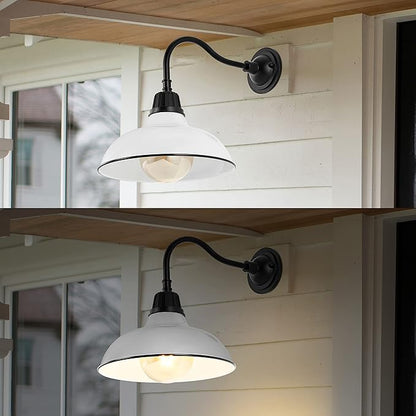JONATHAN Y 12.25" White/Black Farmhouse Industrial Outdoor Sconce, LED Gooseneck Wall Light for Porch, Metal Bowl Shade, Dimmable Vintage Exterior Fixture, LED Bulb Included JYL7613A