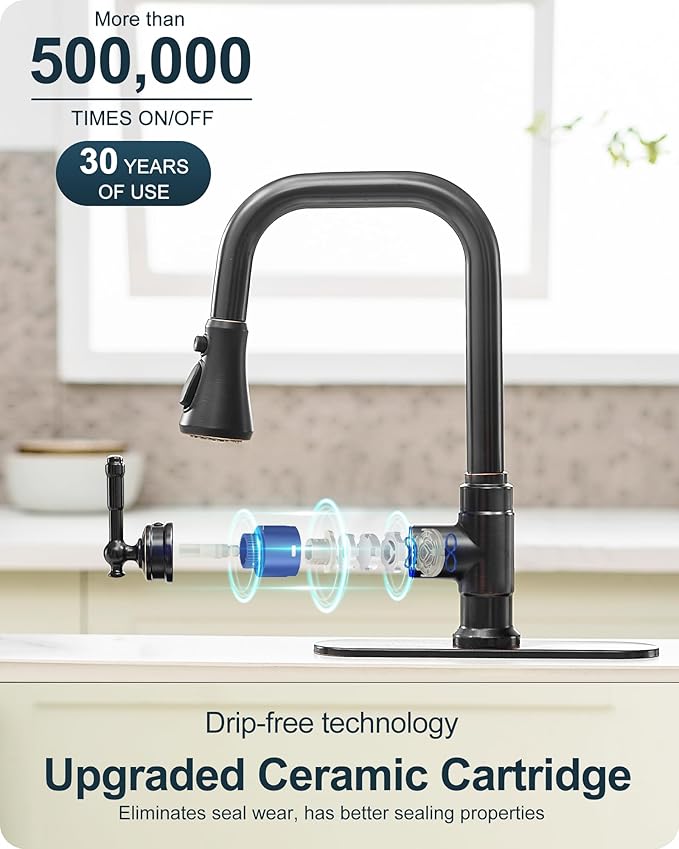 3 Modes Oil Rubbed Bronze Kitchen Faucet with Pull Down Sprayer, 360 Degree Swivel Kitchen Sink Faucets Suit 1 Hole or 3 Hole Include Deck Plate & Hoses