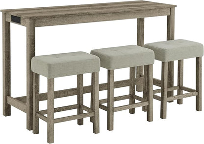 4-Piece Kitchen Island Counter-Table Set with Charging Station, Industrial 59" Dining Tables with 3 Stools, 59 Inch Farmhouse Bar Table Chairs w/USB & Type-C & Power Outlets,Light Brown