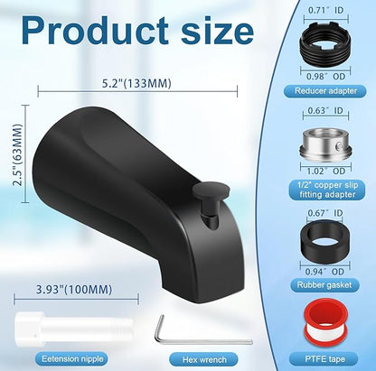 Universal Tub Spout for 1/2" Copper Pipe, 1/2" IPS and 3/4" IPS, Bathtub Faucet with Diverter and Adapter and Hex Wrench (Matte Black)