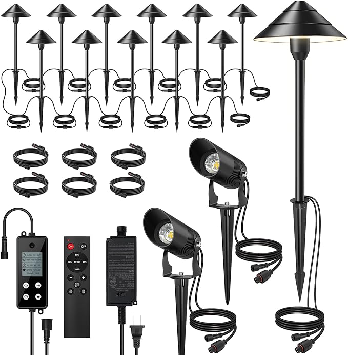 Low Voltage Landscape Lighting, 14-Pack Aluminum Path Lights with 72W Controller, 12 Pathway Lights+2 Spotlights, 140FT, 3000K, IP65 Waterproof, Timer & Remote, Plug and Play, 3-Year Warranty