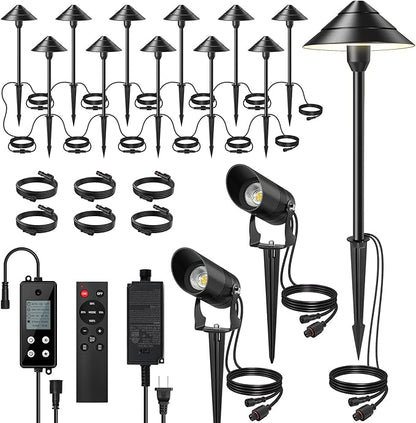 Low Voltage Landscape Lighting, 14-Pack Aluminum Path Lights with 72W Controller, 12 Pathway Lights+2 Spotlights, 140FT, 3000K, IP65 Waterproof, Timer & Remote, Plug and Play, 3-Year Warranty