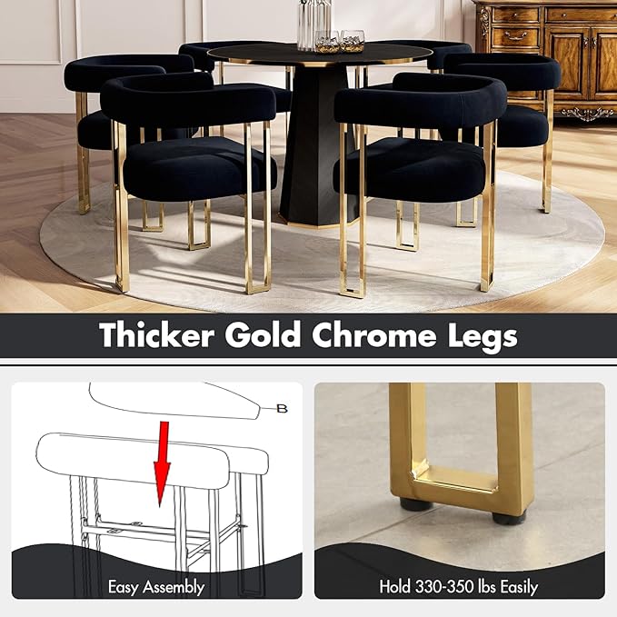 Hyfirm Set of 4 Black and Gold Modern Dining Chairs, Velvet Upholstered Barrel Armchairs with Metal Legs for Kitchen Island, Mid Century Accent Chairs for Dining Room Living Room, Open-Back