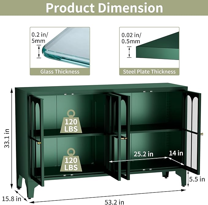 Foreate Green Sideboard Buffet Cabinet with Glass Door & LED Light, 53.2" Large Buffet Cabinet with Storage & Adjustable Shelf, Farmhouse Sideboard Credenzas Metal Kitchen Buffet