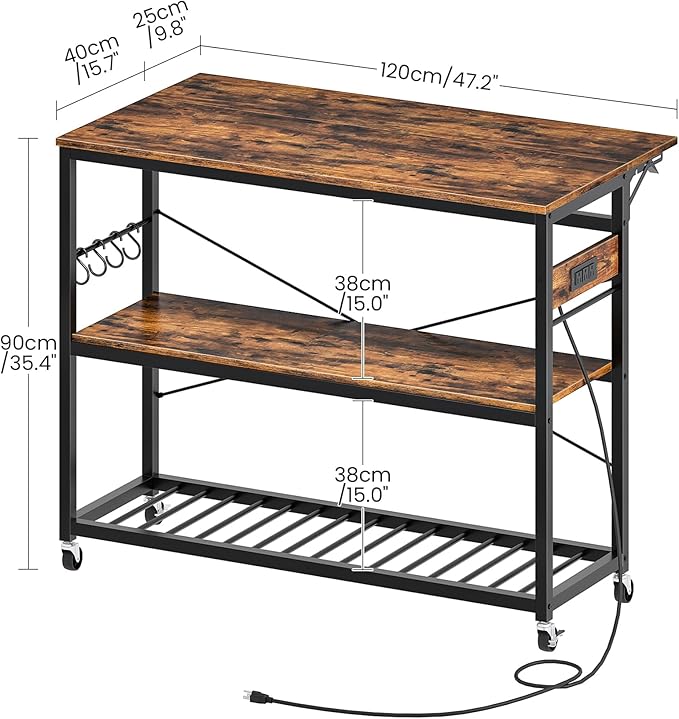 CHOEZON Kitchen Island with Power Outlet and Folding Top, Movable with 3-Tier Storage, Large Size, Wooden Shelves and Wine Rack, for Kitchen, Dining and Living Room, Rustic Brown and Black TZD02UBF