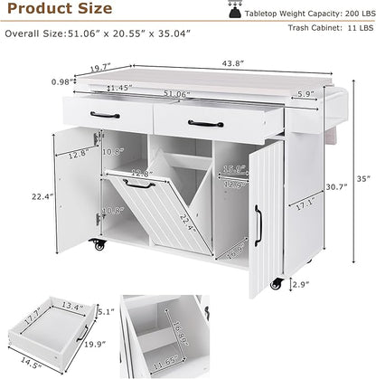 RUNNA Kitchen Island with Trash Can Storage Cabinet, Kitchen Cart with Drop Leaf, Spice Rack, Towel Rack and Drawer, Rolling Kitchen Island on Wheels with Adjustable Shelf (White Oak~81)