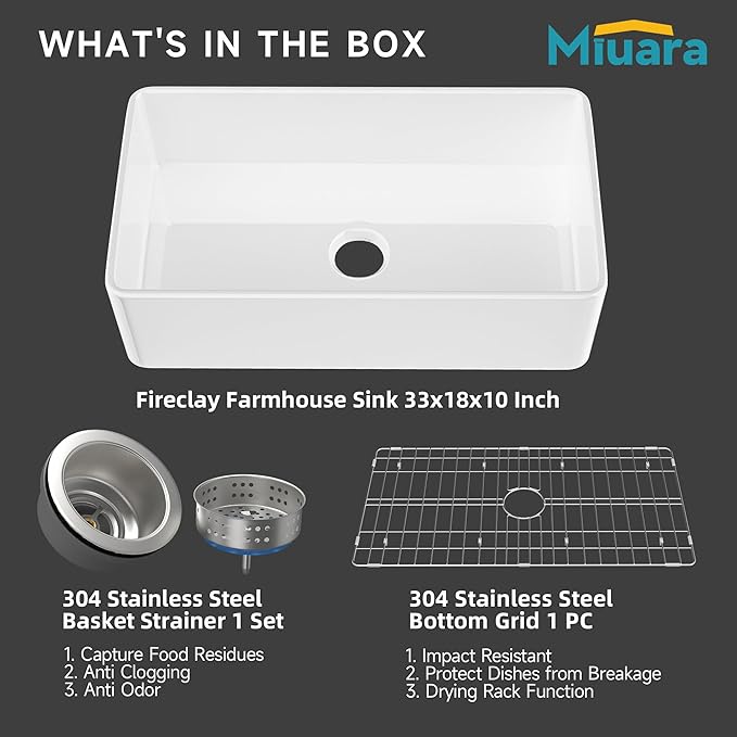 Miuara Farmhouse Sink 33 Inch - Apron Front Kitchen Sink Reversible 33"x18"x10", Undermount Installation, Farm House Style Single Bowl, Solid Fireclay, Glossy White, for Kitchen