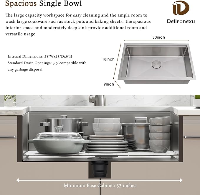 30 Inch Undermount Kitchen Sink Workstation, Delironexu 16 Gauge Stainless Steel Kitchen Sinks, 30''x18'' Single Bowl Undermount Sink with 6 Accessories, Multi-Functional Workstation Sinks