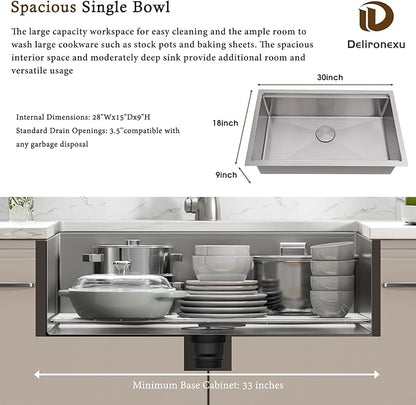 30 Inch Undermount Kitchen Sink Workstation, Delironexu 16 Gauge Stainless Steel Kitchen Sinks, 30''x18'' Single Bowl Undermount Sink with 6 Accessories, Multi-Functional Workstation Sinks