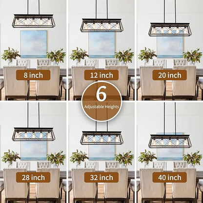 5-Light Pendant Lights Fixture, Farmhouse Chandeliers for Dining Room, Rustic Island Lights for Kitchen, Rectangular Chandelier Rustic Farmhouse Light Fxiture Gold&Black