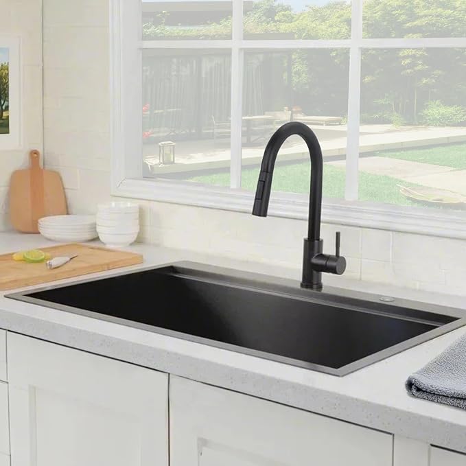 Hotis Black Kitchen Faucet with Pull Down Sprayer, High Arc Stainless Steel Sink Faucet, Single Handle Bar Faucet Black, Commercial Farmhouse RV Bar Sink Faucet, HT-KBD101B