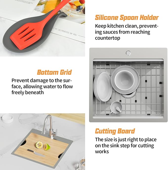 Kitchen Sink Workstation, 21x20 In Stainless Steel Drop In Single Bowl Built-in Ledge Small Topmount Workstation Kitchen And Bar Sink With Accessory-SS Grid Cutting Board,Silicon Mat,Drain Assembly